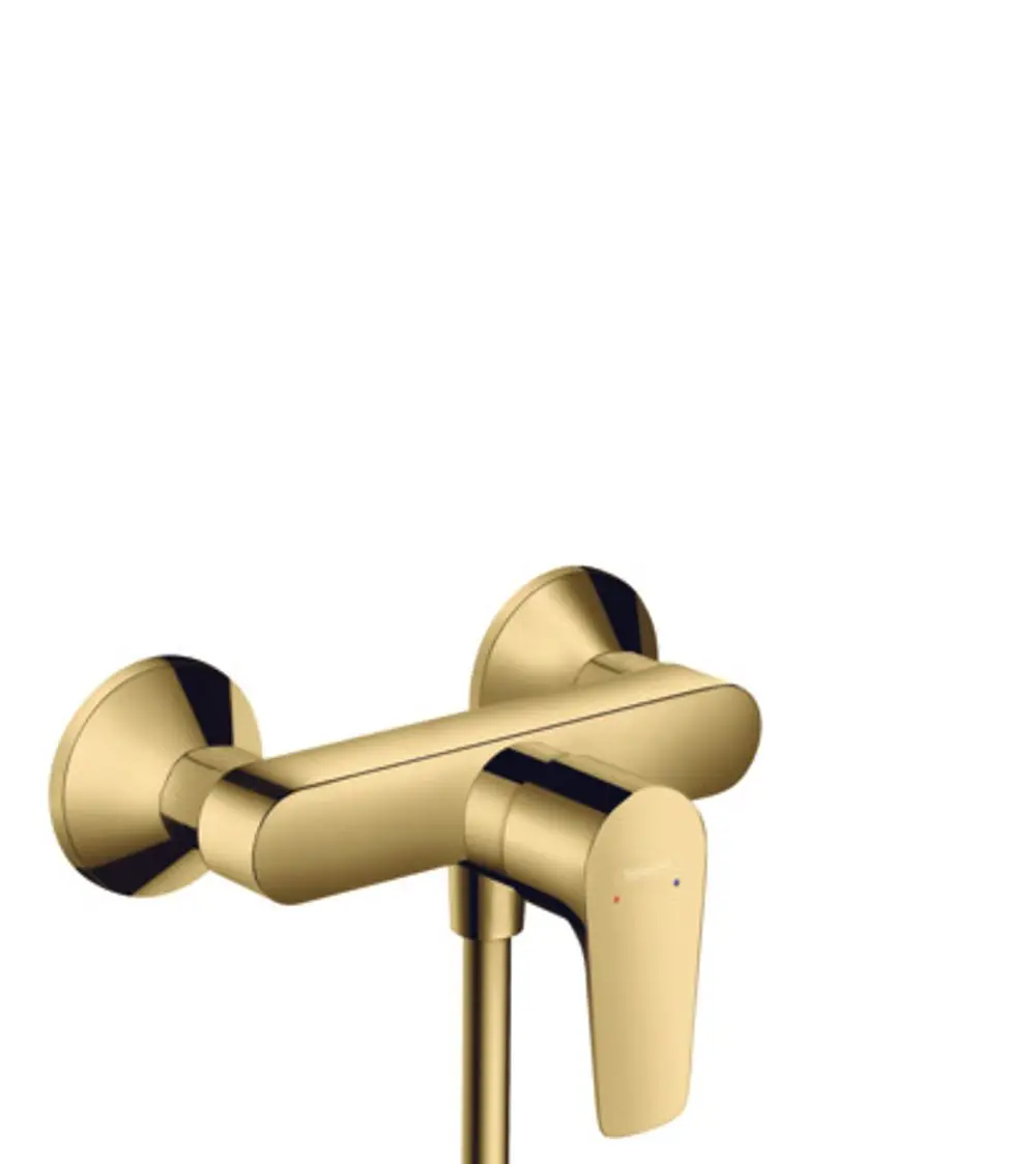 Aufputz-Brausemischer in goldener Optik von Hansgrohe mit einem Hebel zur Temperaturregulierung und zwei Wandanschlüssen.